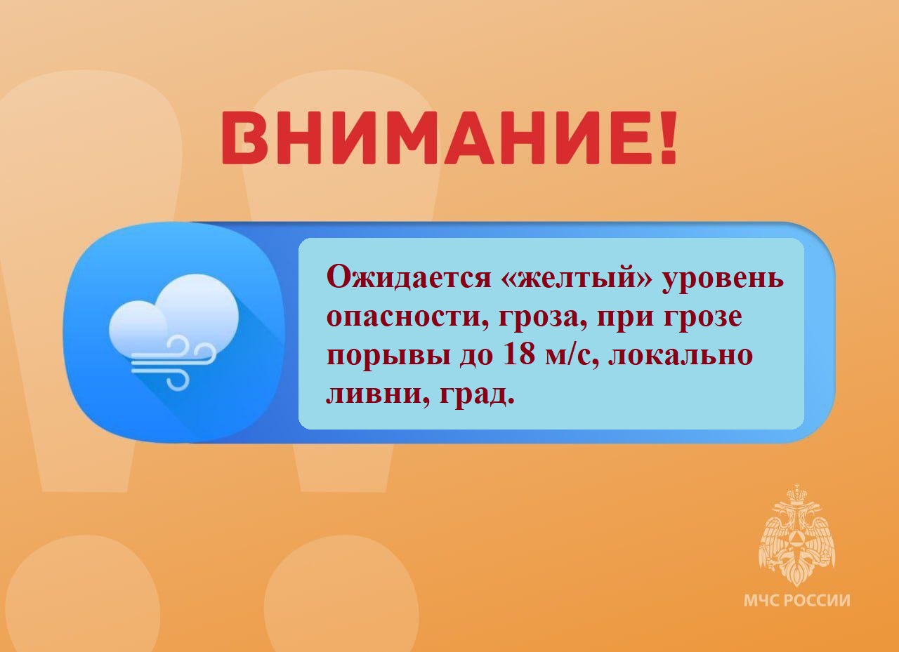 Ожидается «желтый» уровень опасности: в ближайшие 2-3 часа 25 июня с сохранением ночью 26 июня местами в Ульяновской области ожидается гроза, при грозе порывы до 18 м/с, локально ливни, град..